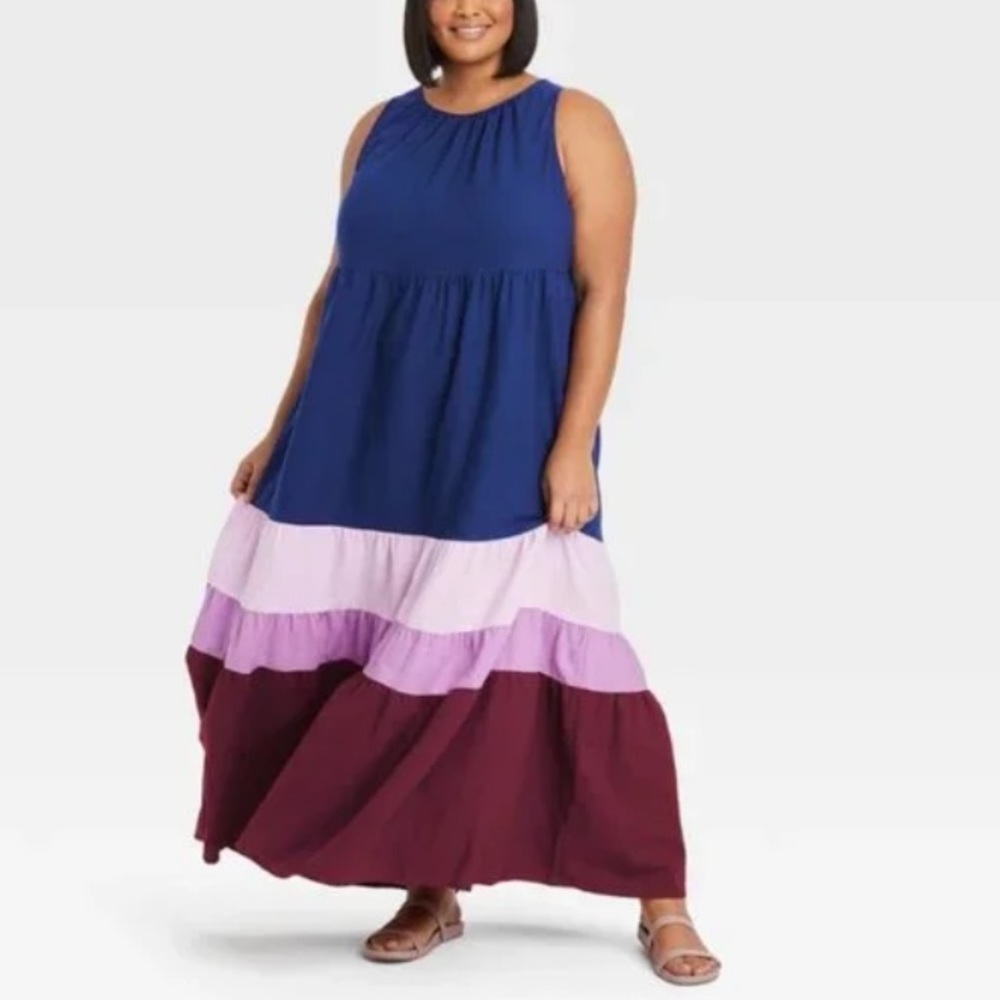 Ava & Viv Women's Plus Size Sleeveless Colorblock Tiered Dress -Navy Blue - Picture 1 of 10